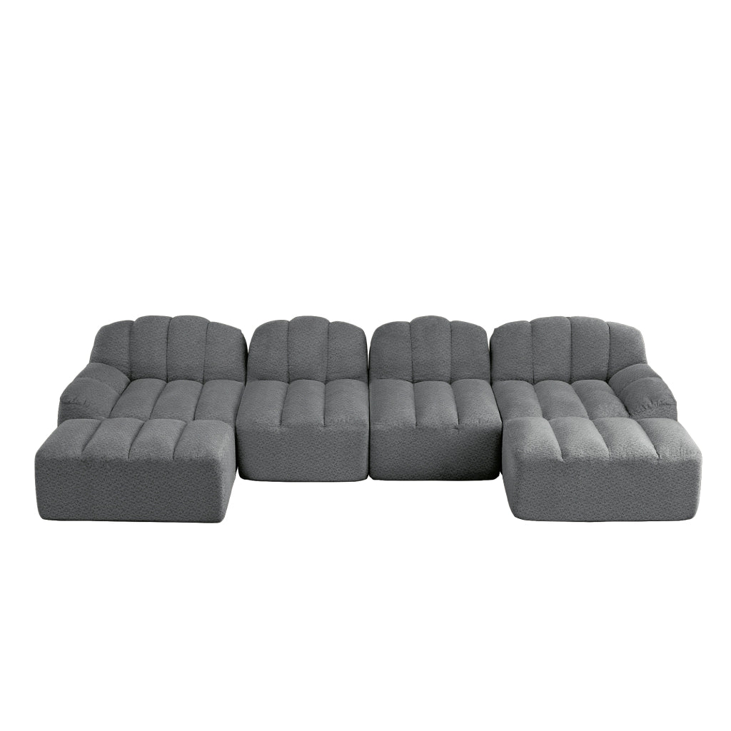 Divano modulare a U 4 posti con 2 pouf componibili seduta profonda design ergonomico in pile granulato grigio