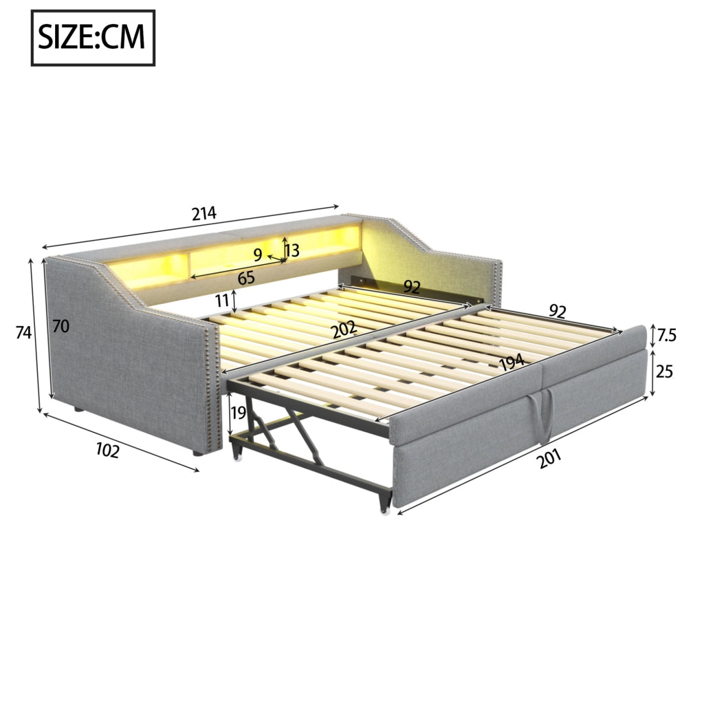 Divano letto imbottito estraibile 90/180 x 200 cm con LED; USB e contenitore; grigio chiaro