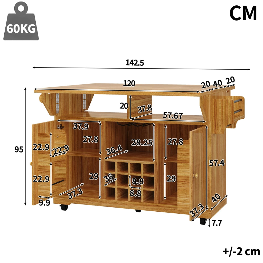 Carrello da cucina con vani aperti; ripiani regolabili e sponde abbattibili; per cucina e sala da pranzo; 142.5 × 80 × 95 cm
