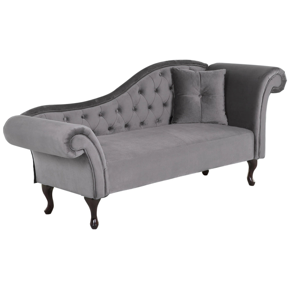 Chaise longue in velluto grigio con bottoni rivestimento trapuntato braccioli arrotolati a versione destra con cuscino