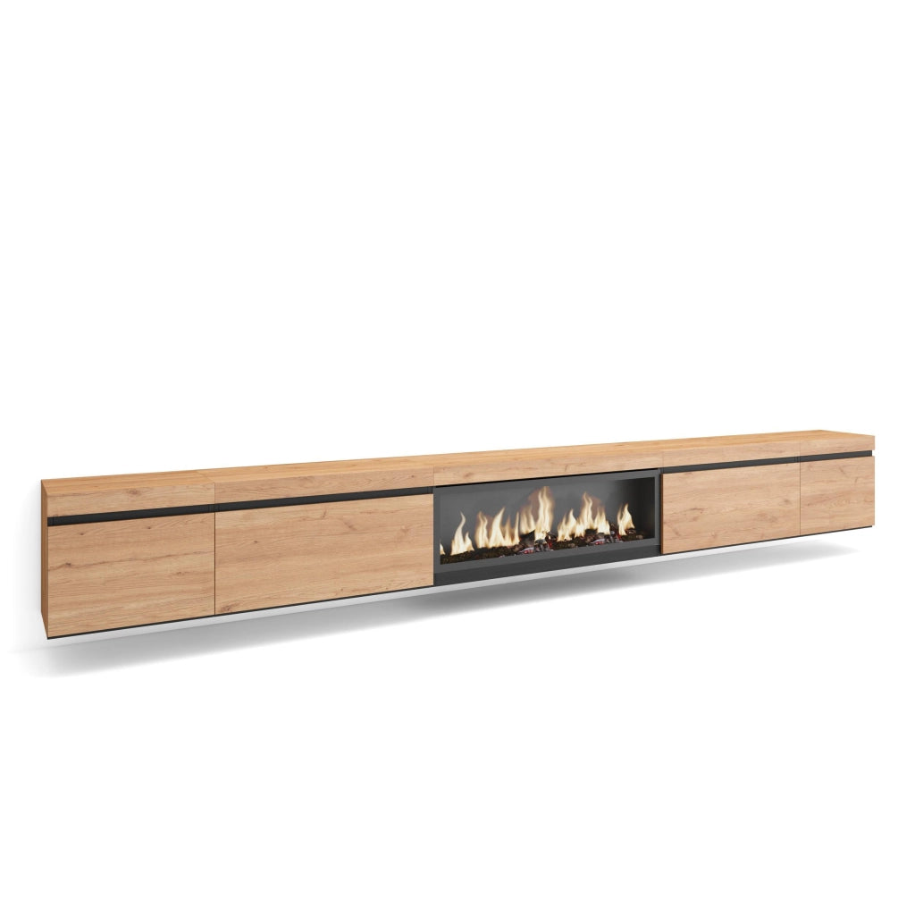 Mobile TV Soggiorno, 368x35x45, Camino elettrico XXL, da appendere, colore Rovere RF3693