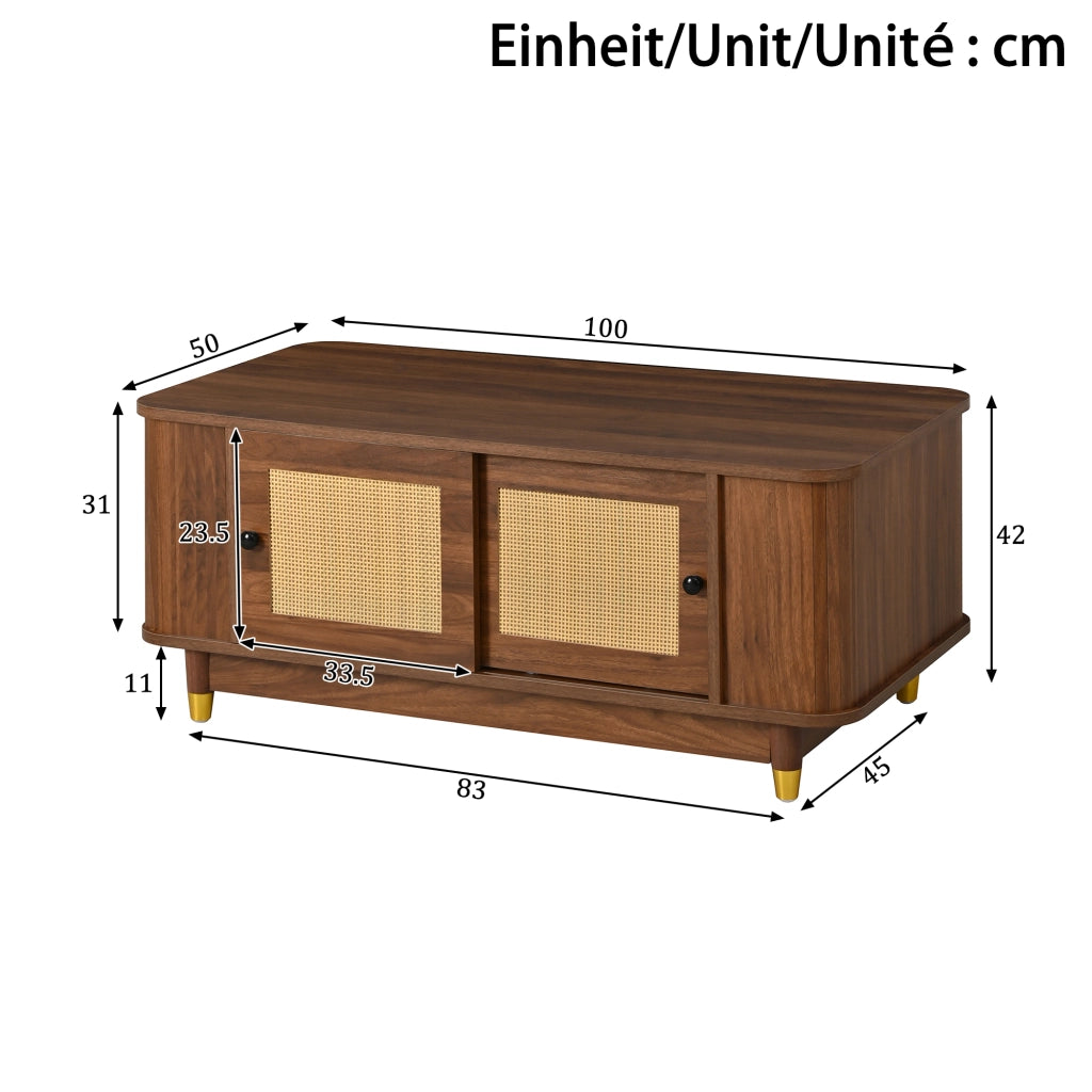 Tavolino basso con 2 ante scorrevoli in rattan, vani interni e angoli arrotondati, noce, 100 × 50 × 42 cm