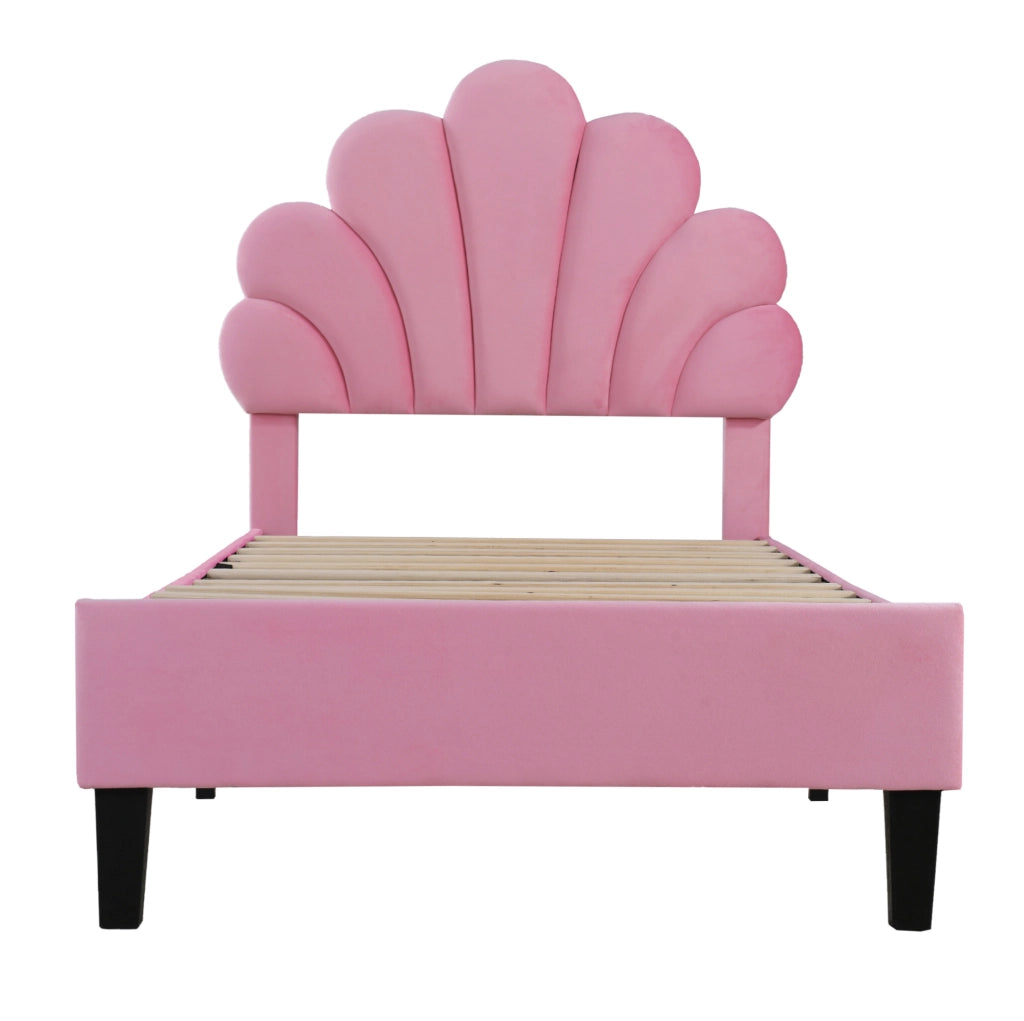 Letto singolo 90x200 cm con testiera a fiore e rete a doghe; velluto rosa