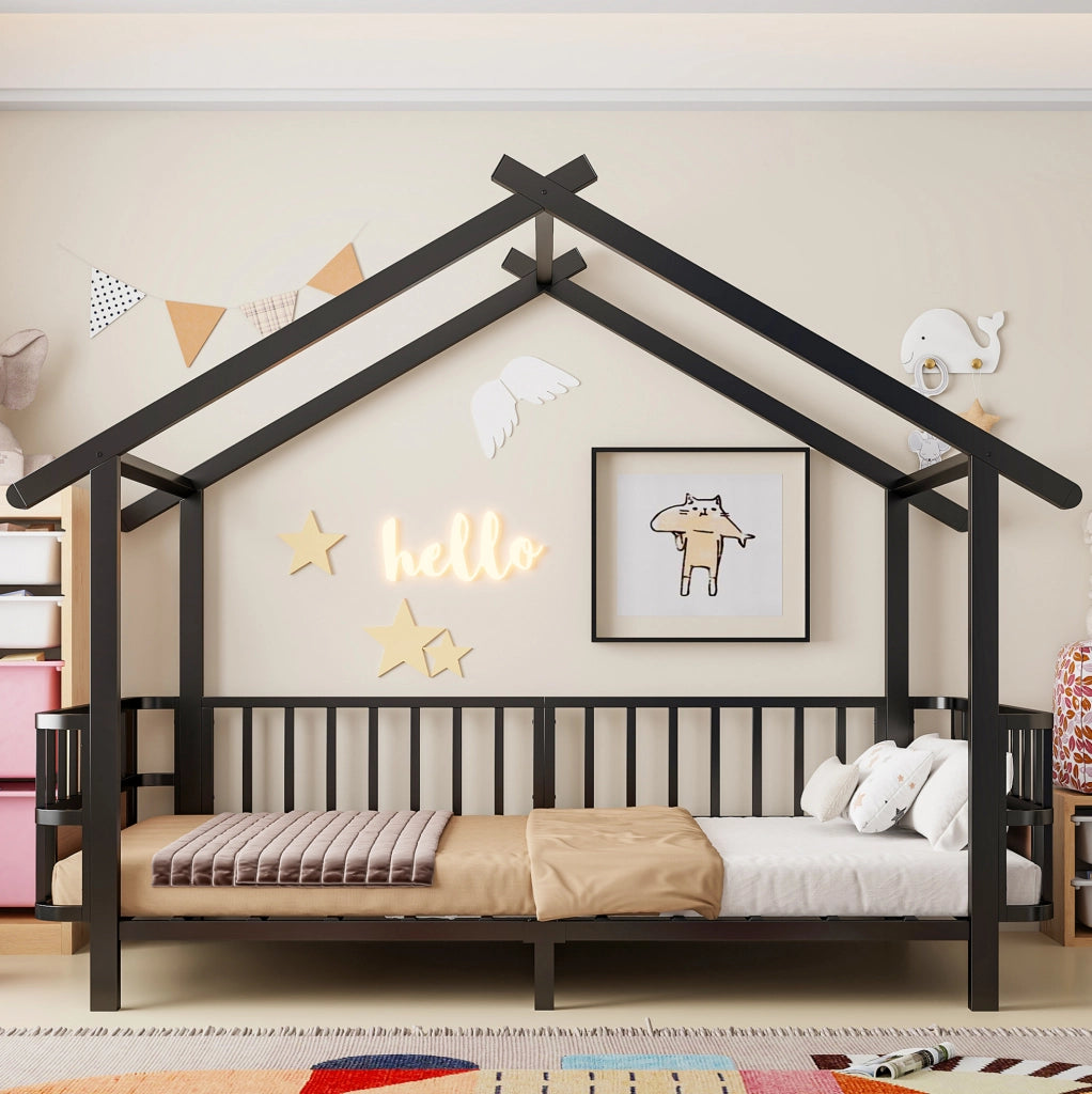 Letto per bambini in metallo a casetta 90 x 200 cm nero
