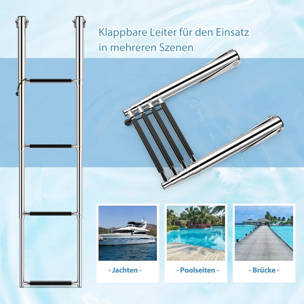 Scaletta Telescopica in Acciaio Inossidabile, Scala Piscina Fuori Terra a 4 Gradini Antiscivolo, Portata Massima 227 KG, per Piscina, Barca, Ponti, Pontile Galleggiante