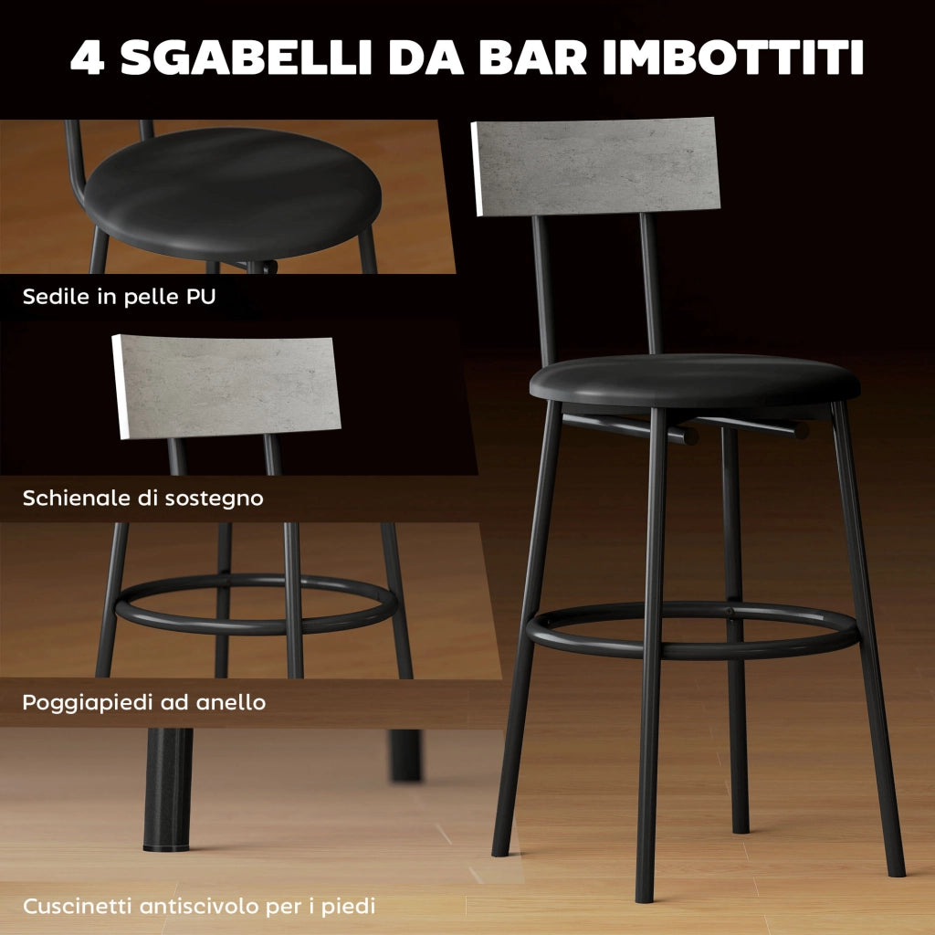 Set Tavolo da Bar e 4 Sgabelli con Schienale ¨C zephmum ¨C Grigio Cemento, Stile Industriale