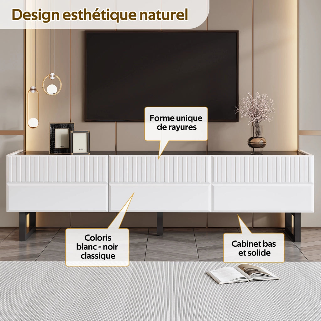 Mobile TV con 3 Cassetti e Piedini in Ferro; Piano Lucido; Stile Minimalista; 170??35??47 cm; Nero e Bianco