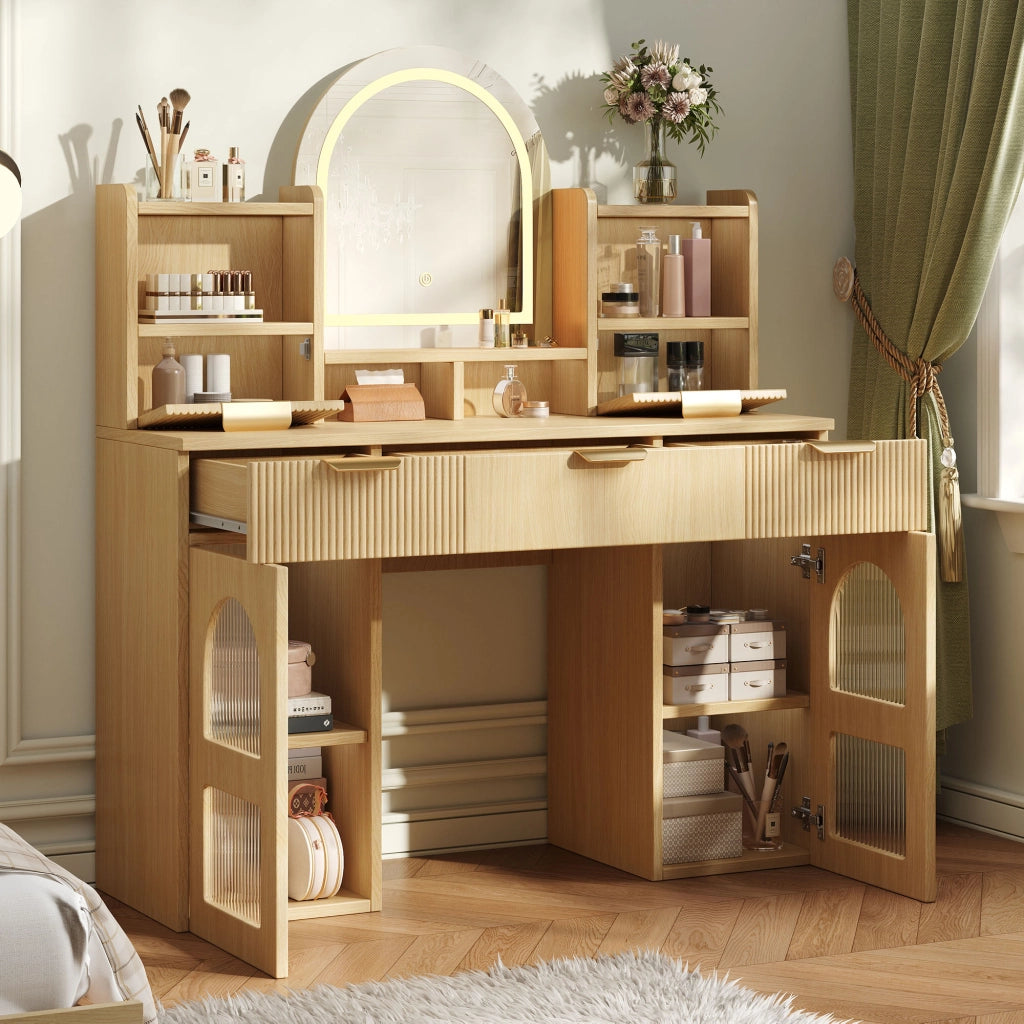 Scrivania Toeletta con Specchio e LED ¨C MINIMAL ¨C Legno, 3 Cassetti, 120x40x139