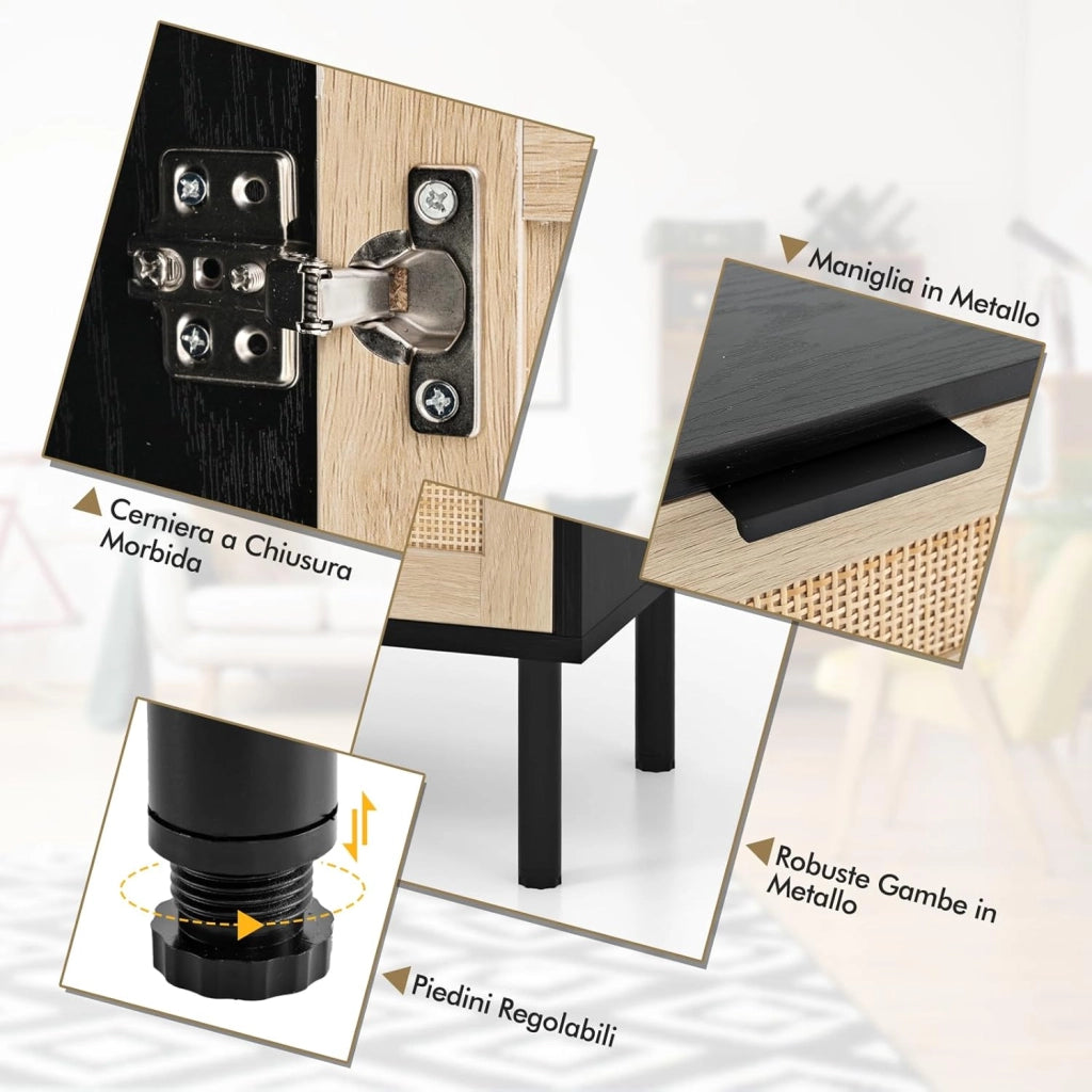 Set di 2 Comodini con Cassetto e Anta, Tavolini in Rattan Stile Bohémien Salvaspazio, Mobiletto Armadietto per Camera da Letto, Soggiorno e Ingresso, 45 x 30 x 59 cm (Nero)
