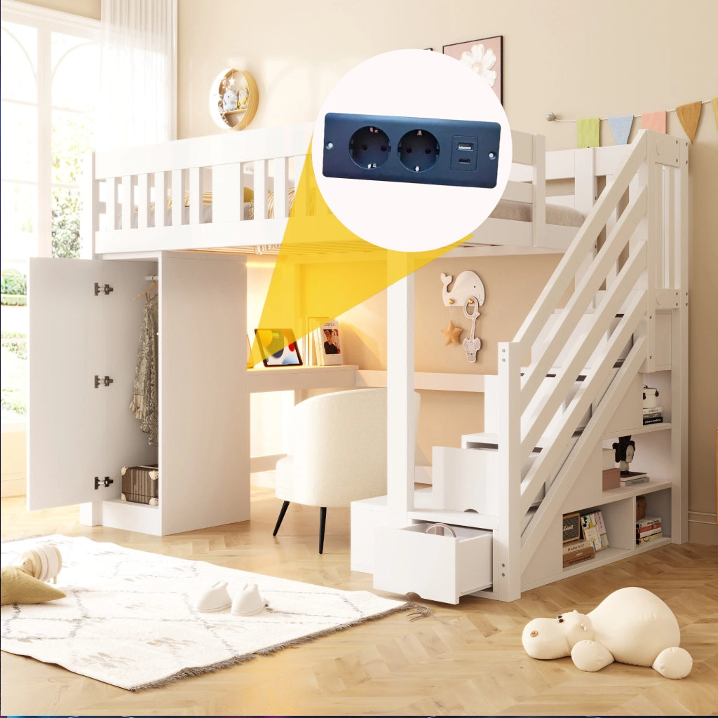 LETTO A CASTELLO 140x200 cm con scrivania, scala contenitore e LED bianco