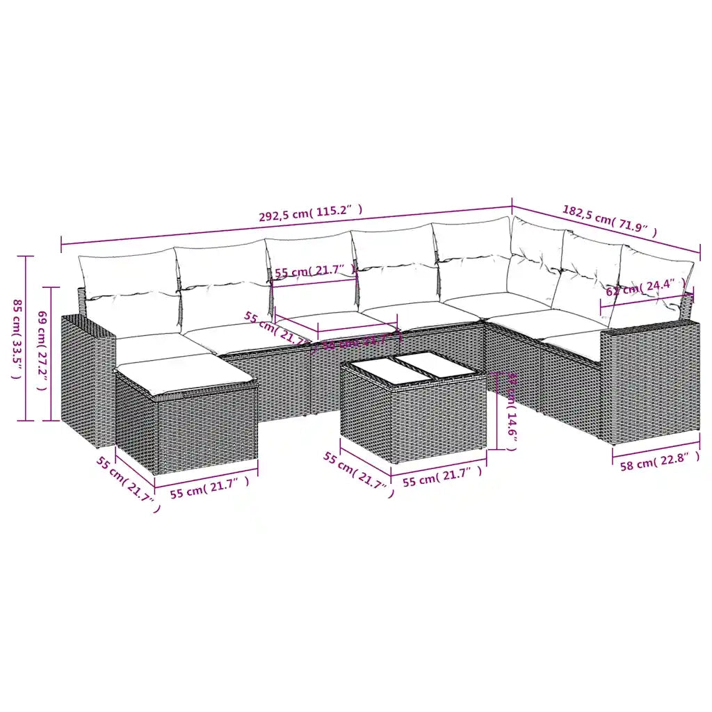 Set Divani da Giardino 9pz con Cuscini Marrone in Polyrattan 3251710