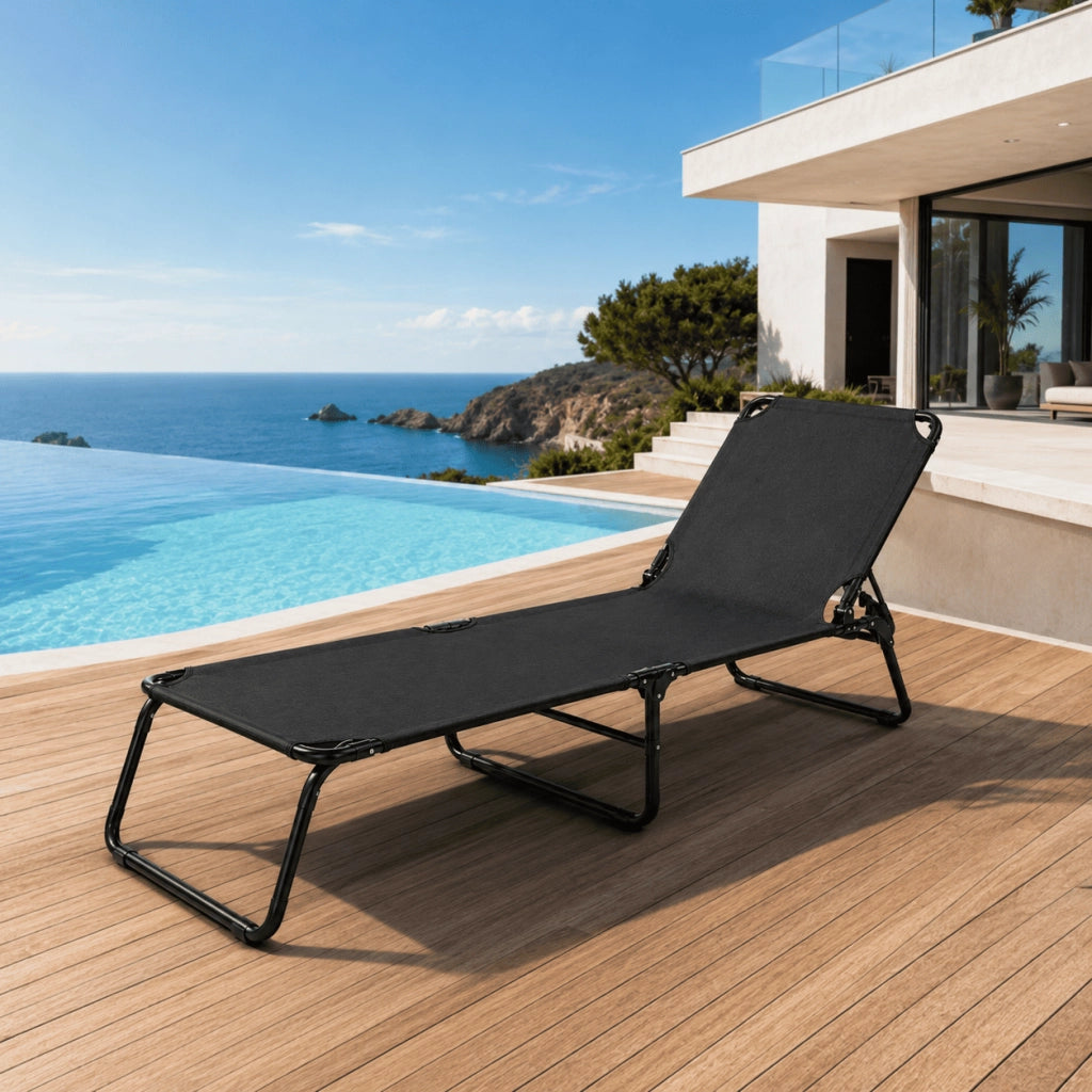 Lettino Relax Prendisole Pieghevole Senza Tettuccio Schienale Regolabile Reclinabile Struttura In Metallo Nero Sedia Sdraio Per Spiaggia Mare Giardino Piscina 187 x 53 x 24 Cm Nero