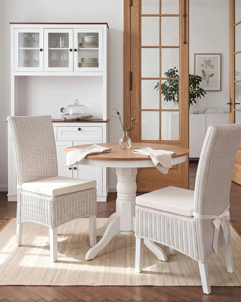 Set di 2 sedie da pranzo in rattan intrecciato con cuscini stile boho schienale alto sala da pranzo soggiorno bianco