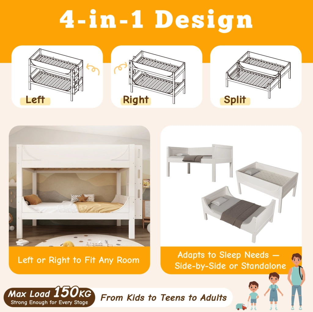 Letto a castello separabile 90x200 cm con scala reversibile; bianco; in legno e metallo