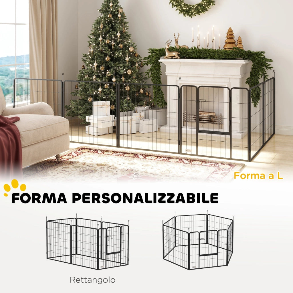Recinto per Cani a 6 Pannelli Modulabili da 80x1,5x80A cm con Porta di Ingresso in Acciaio Nero