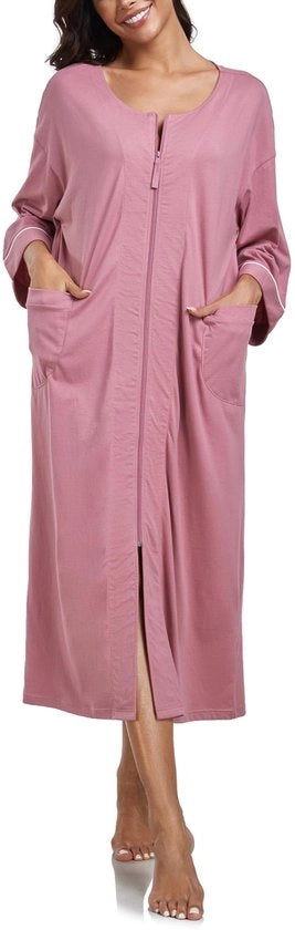 Camicia da bagno per donna con cintura, 100% cotone, camicia leggera, camicia lunga con tasche, misura M-XXL (rosa, XL)