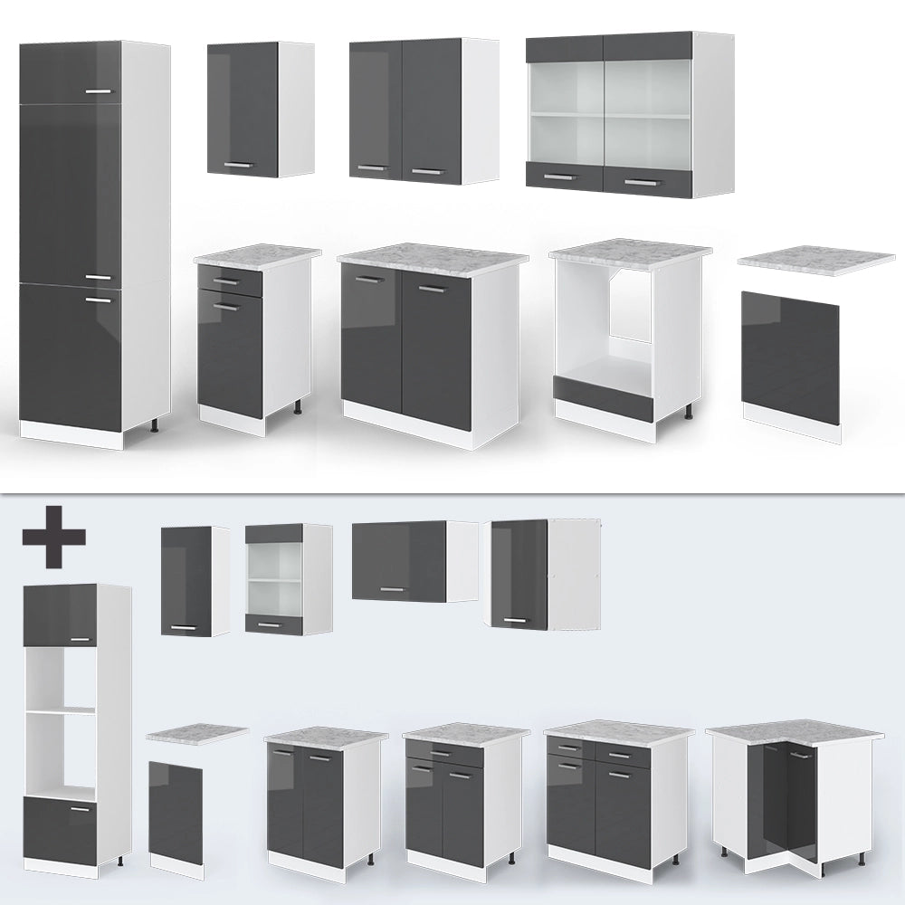 Cucina componibile R-Line Antracite lucido/Bianco 300 cm senza piano di lavoro Vicco