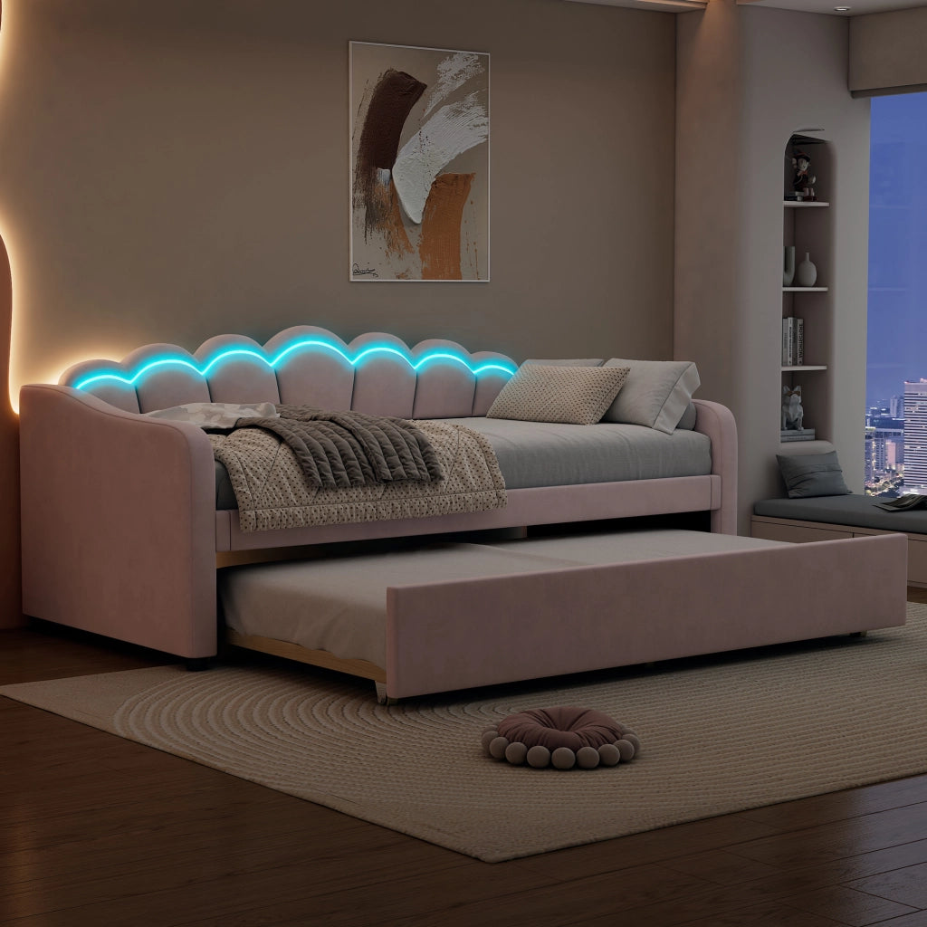 Divano letto estraibile 90x200 cm con luce ambientale e struttura in velluto
