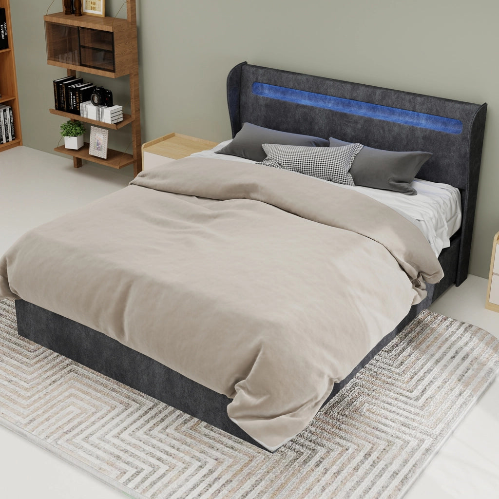 Letto Basso 140x200 cm; LED Regolabile e Schienale Regolabile - in Tessuto e Metallo - Grigio