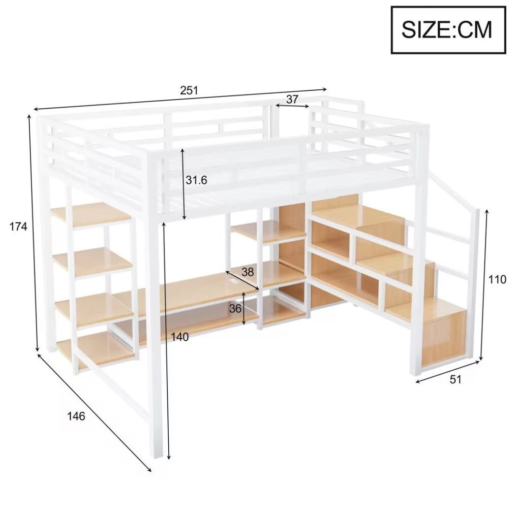 Letto a soppalco 140x200 cm bianco con supporto TV e presa