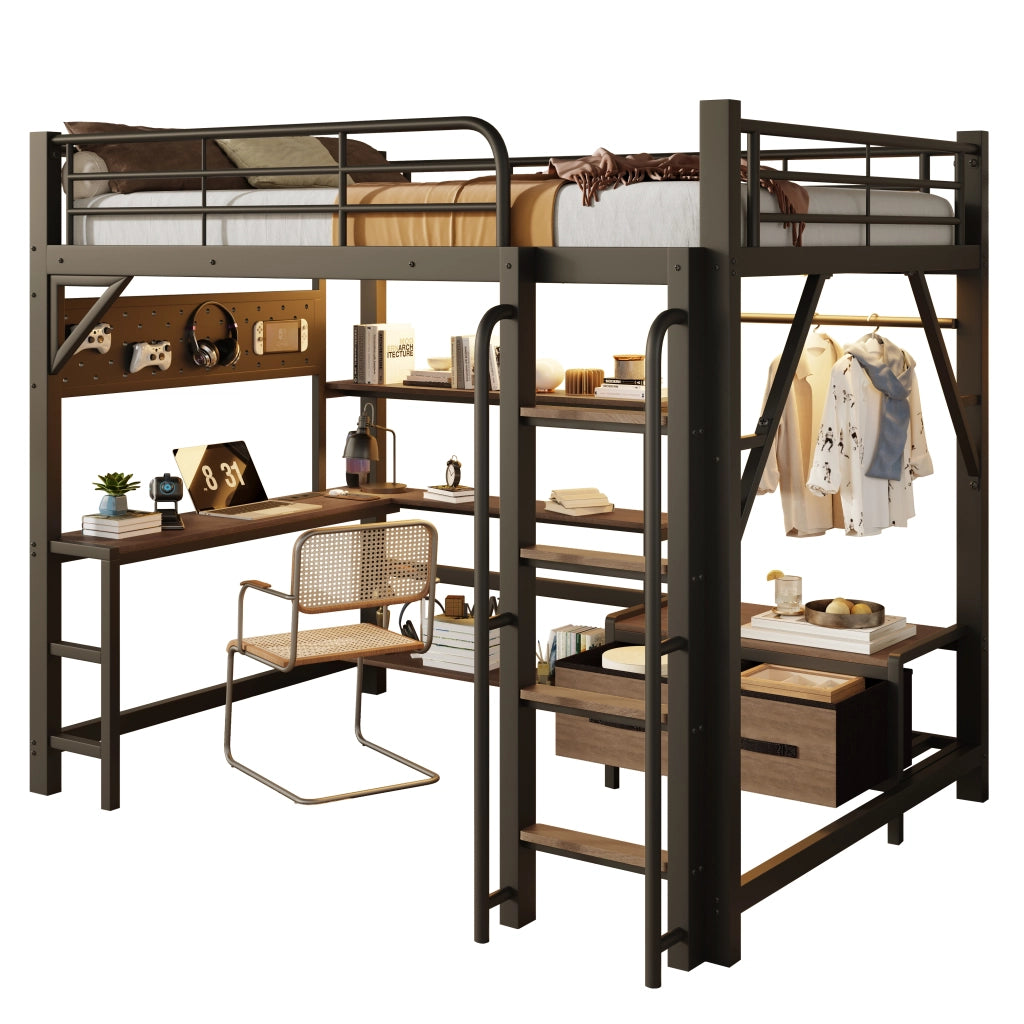 Letto a soppalco 140x200 cm con scrivania; LED e USB in MDF e metallo nero
