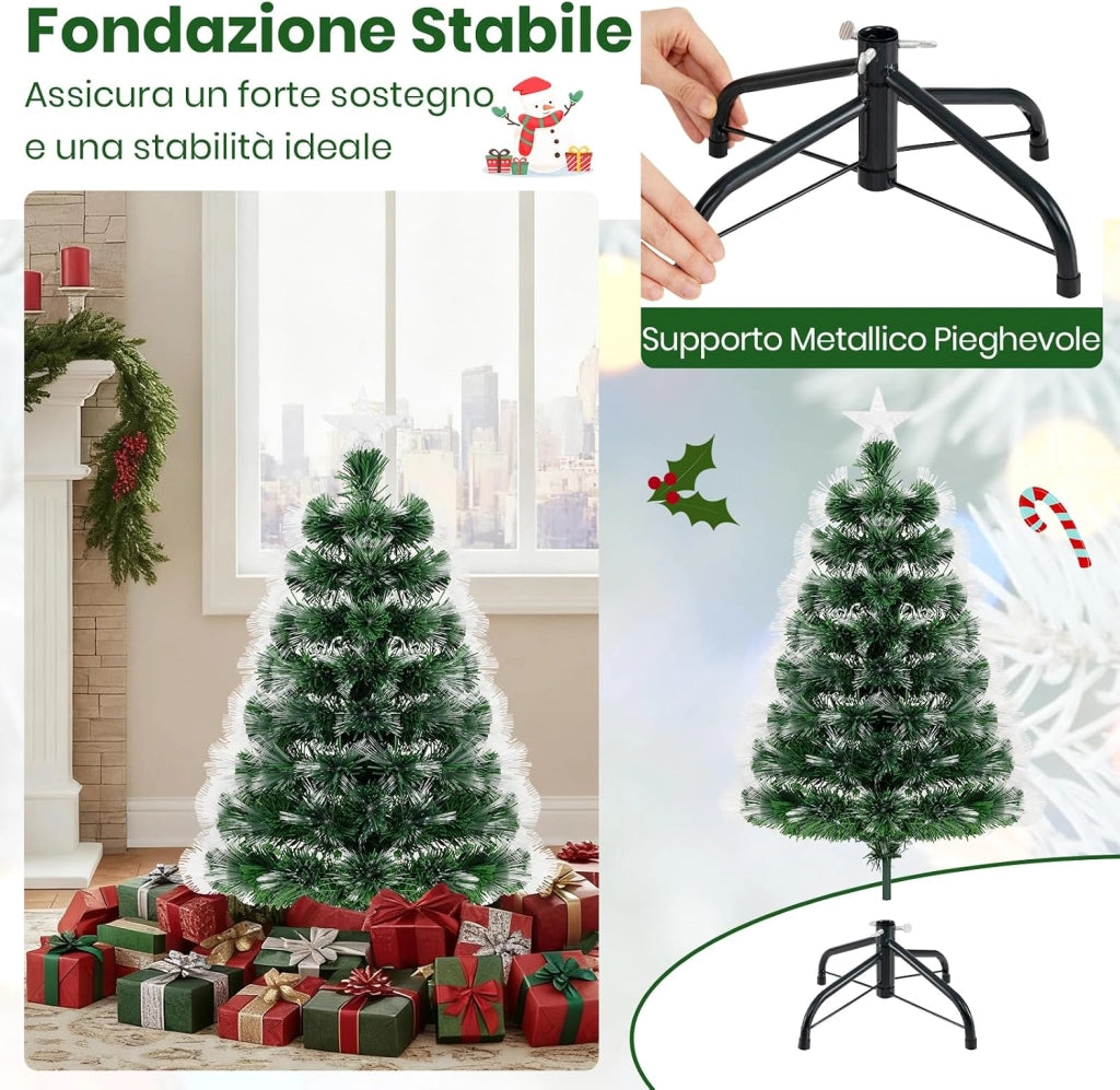 Albero di Natale Artificiale in Fibra Ottica 95 cm | Albero di Natale Pre-Illuminato con 93 Punte di Ramo, Stella Decorativa e Base Metallica, per Casa, Ufficio e Negozio