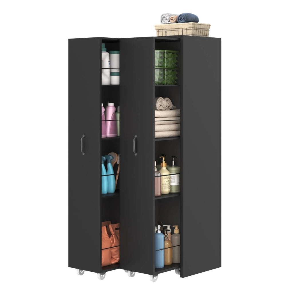 Libreria estraibile nera in MDF con ruote, 4 ripiani