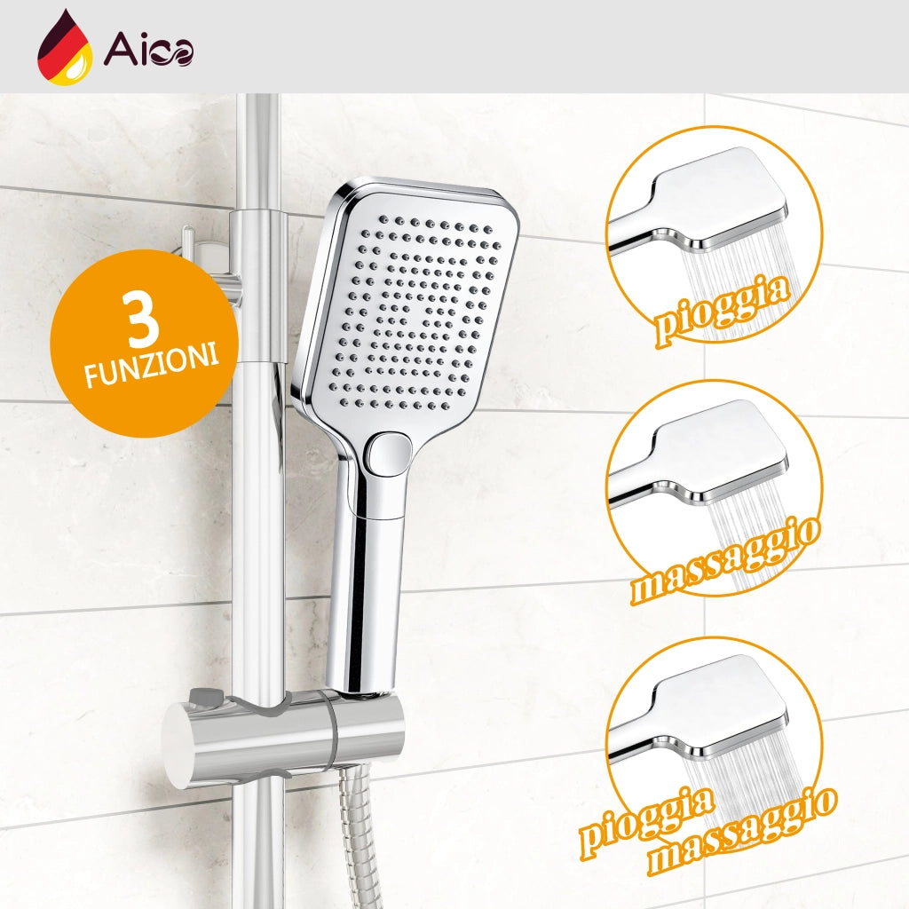 Colonna doccia rotonda completo di miscelatore termostatico rettangolo, soffione quadrato 30x30cm, cromo