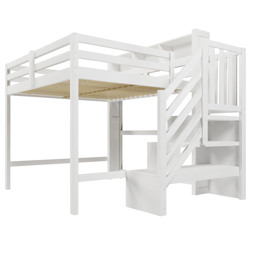 Letto a castello 140x200 cm con LED e scala contenitore in pino e MDF bianco