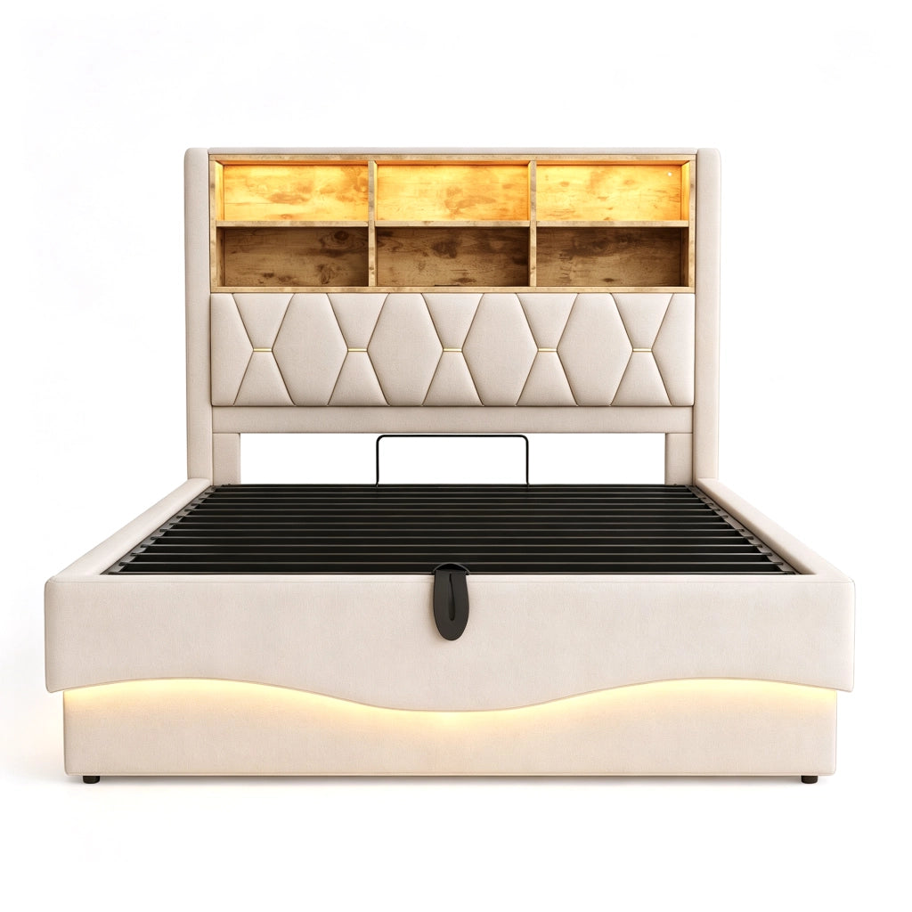 Letto matrimoniale contenitore 140x200 cm con LED tramite App; rete in metallo; USB e vano contenitore; lino beige