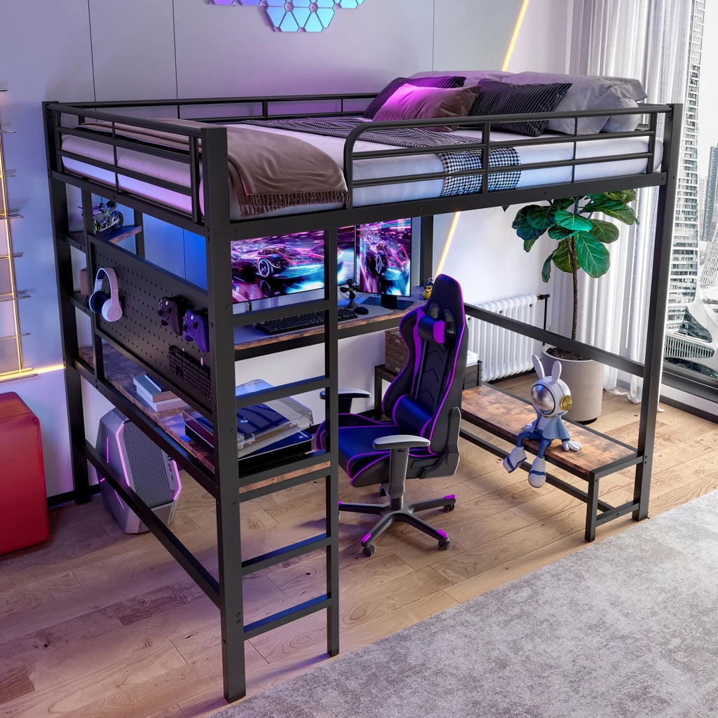 OKWISH Letto a soppalco 140×200 cm, Letto Matrimoniale con Scrivania, Mensole, Pannello Forato, USB, Tipo C e LED, senza Materasso, Nero