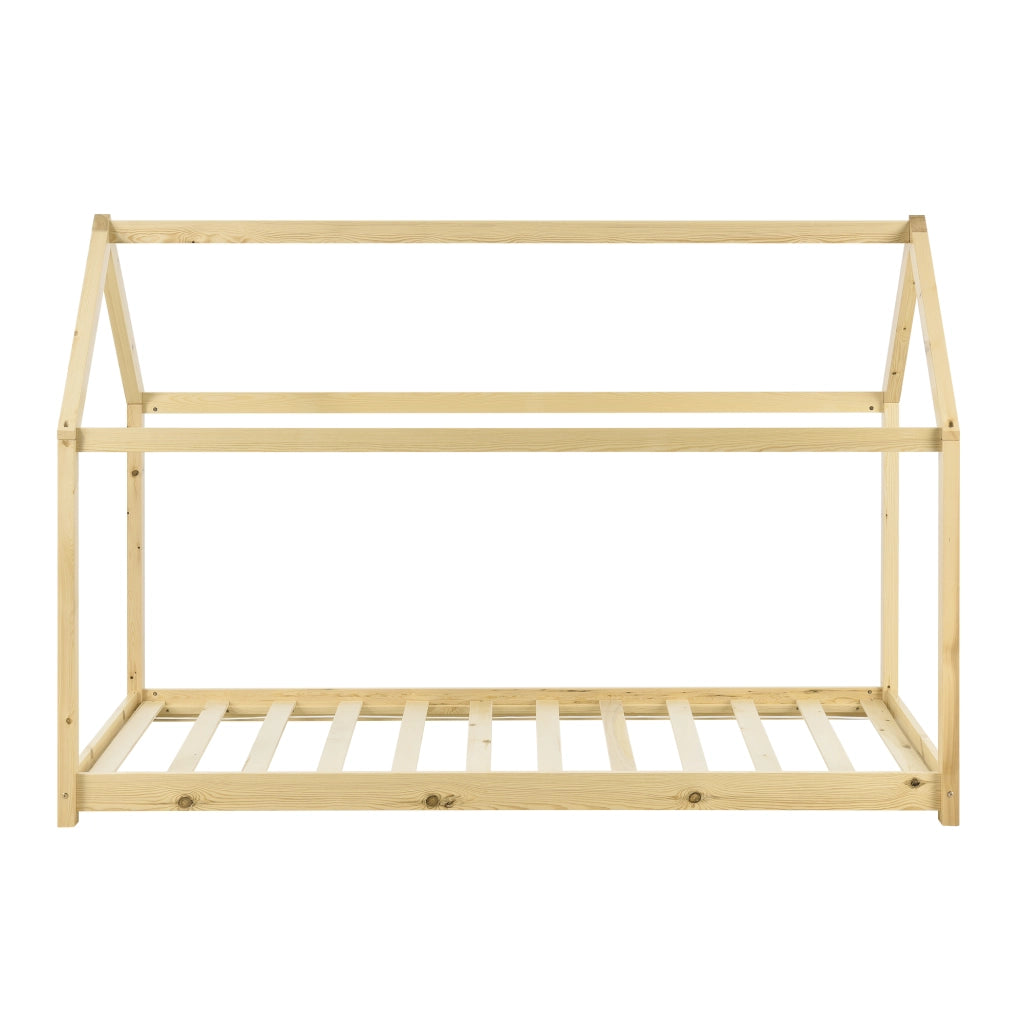 Letto per Bambino a Forma di Casetta con Materasso Ipoallergenico a Schiuma Fredda 80x160 cm Struttura in Legno in Stile Montessori - Color Legno Naturale