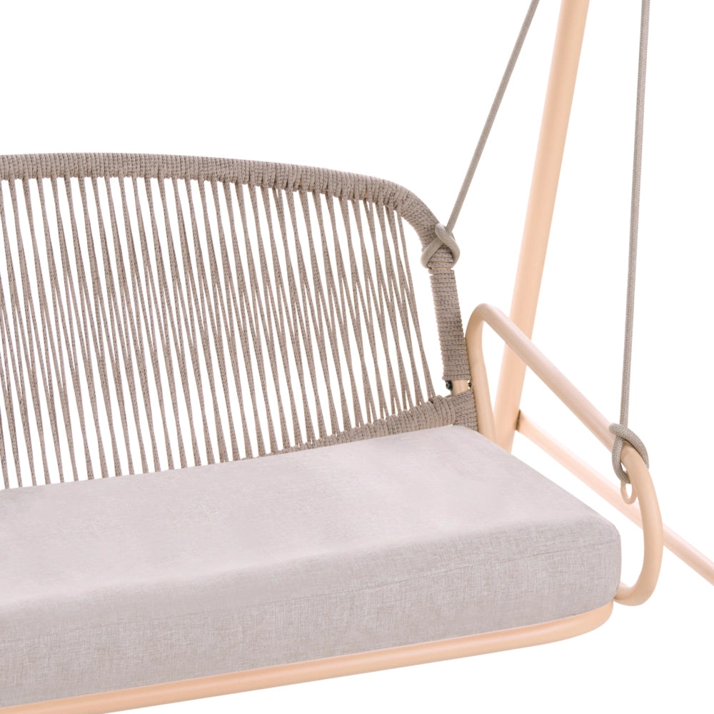 Dondolo da giardino con struttura in acciaio beige, cuscini in tessuto olefinico e schienale in corda intrecciata, a due posti, in stile mediterraneo
