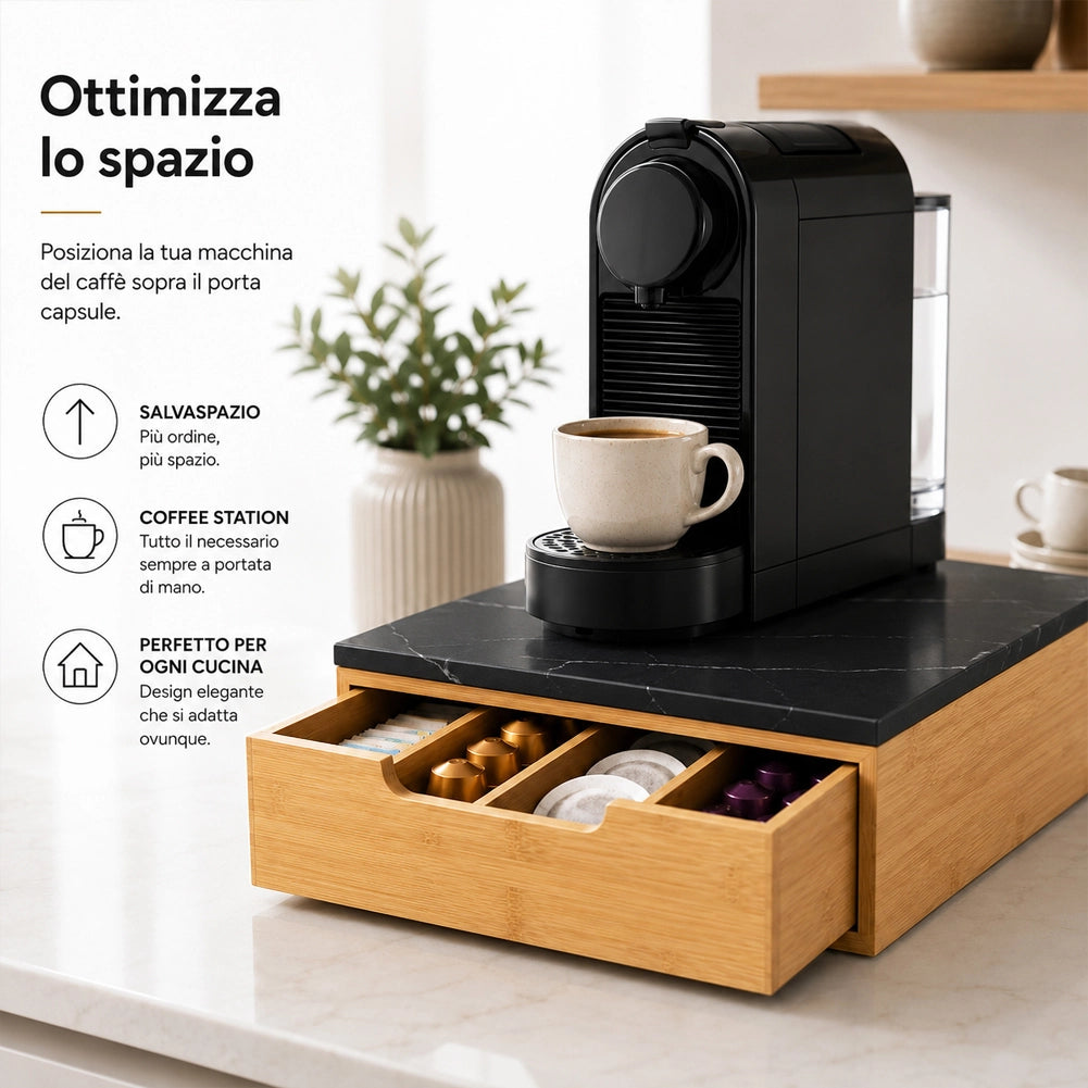 Portacapsule Piano Vetro Effetto Marmo Nero Portacialde Organizer 31.5x30x10cm