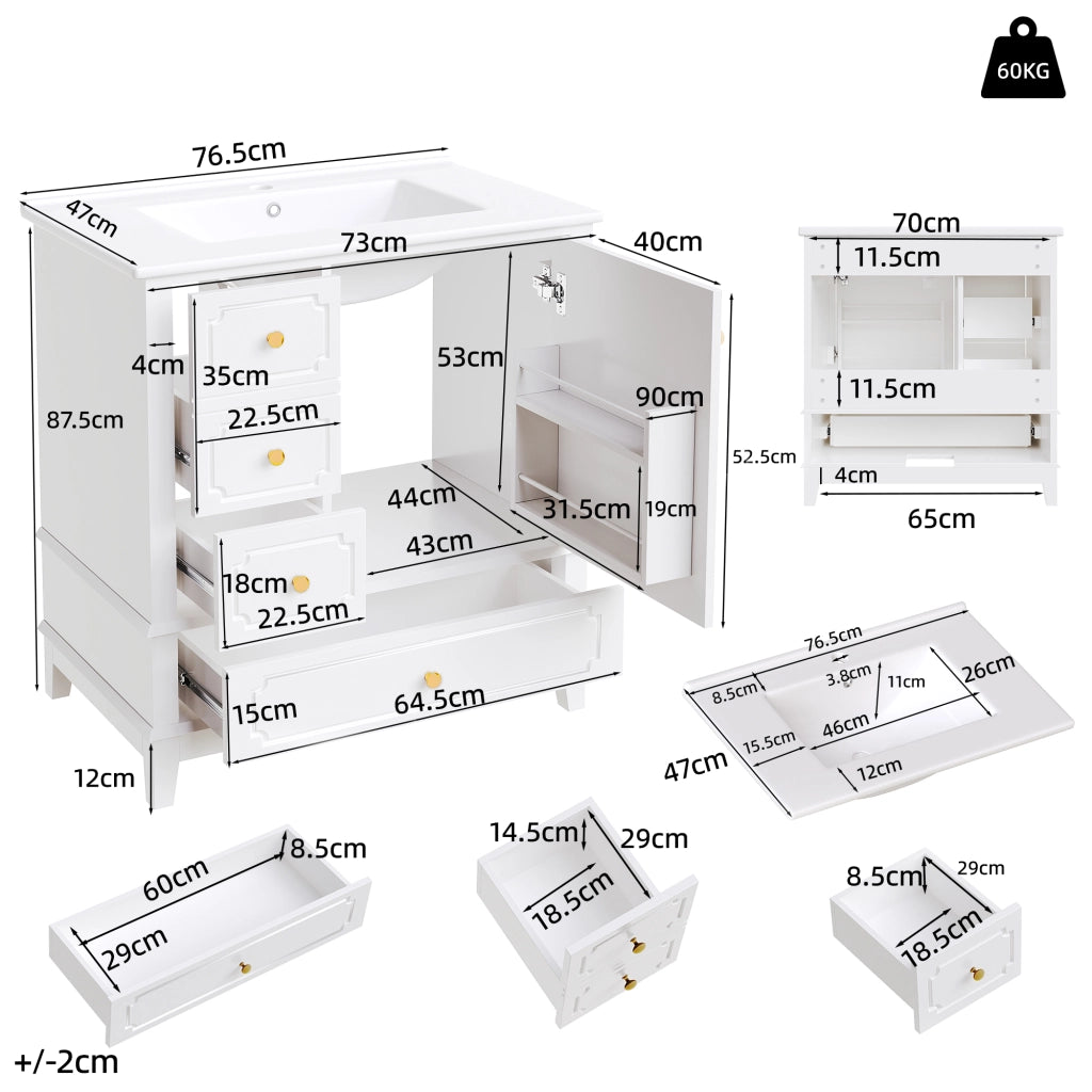 Mobile sottolavabo con lavabo in ceramica, 3 cassetti, vano con ripiano e maniglie oro, per bagno, 76,5 × 47 × 87,5 cm