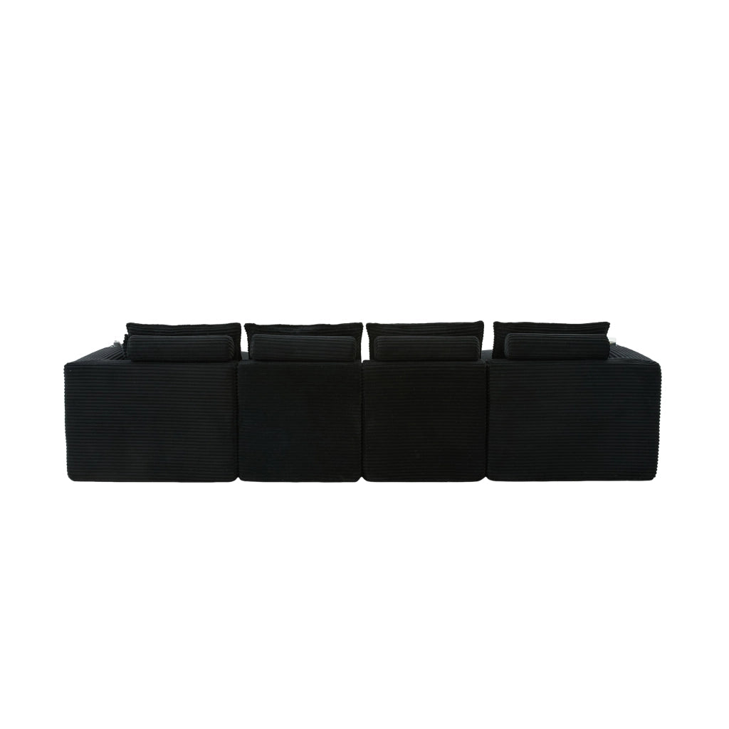 Divano modulare a 4 posti in corduroy nero con tasche laterali e cuscini per soggiorno 322 × 161 × 75 cm