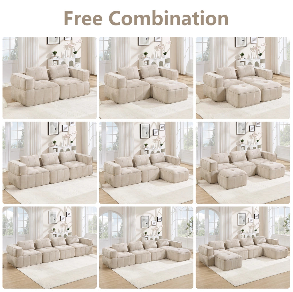 Divano modulare a U 271x162x67 cm in poliestere beige con seduta profonda e senza montaggio