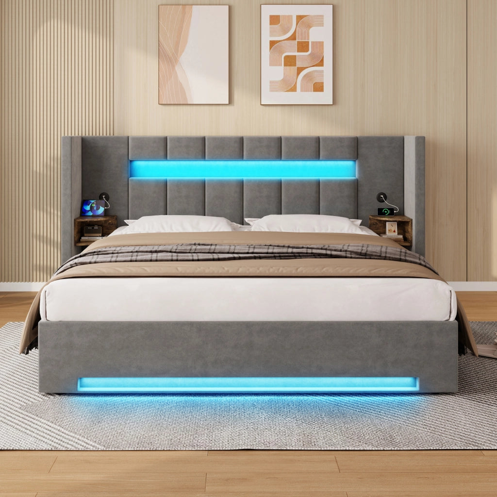 Letto 180x200 cm con contenitore; USB e LED in velluto grigio scuro