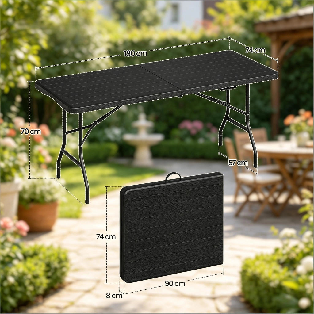 Tavolo pieghevole da esterno 180x74 cm in HDPE e metallo, colore nero, portata 120 kg