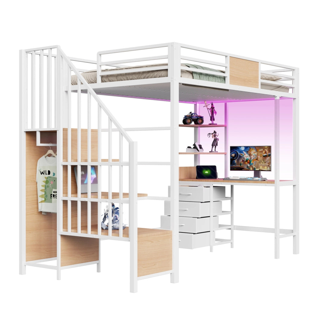 Letto a soppalco in metallo 90x200 cm con scrivania; ripiani; appendiabiti; LED e presa; bianco