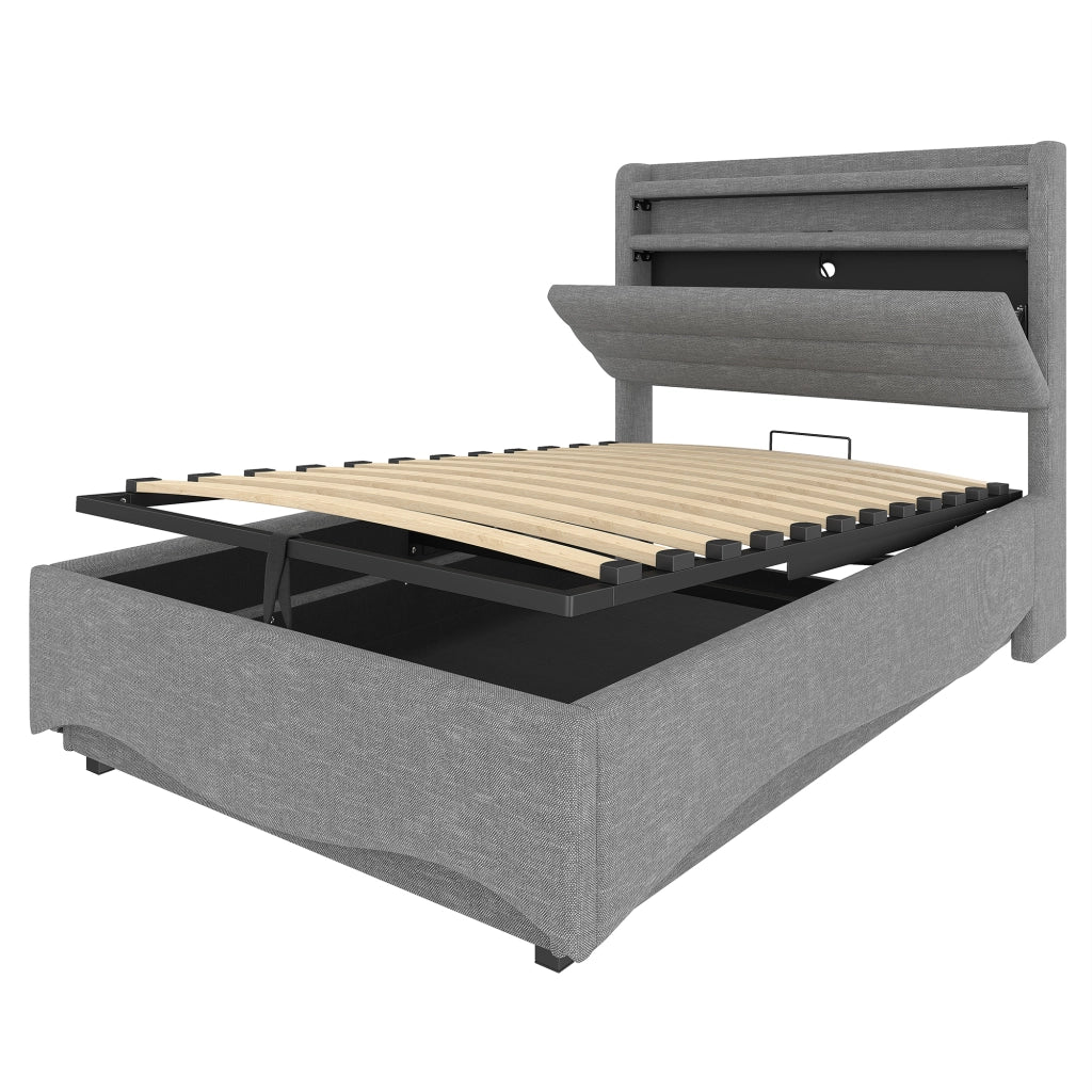 Letto imbottito 90x200 cm in lino grigio con LED, USB e Tipo-C, contenitore idraulico, senza materasso