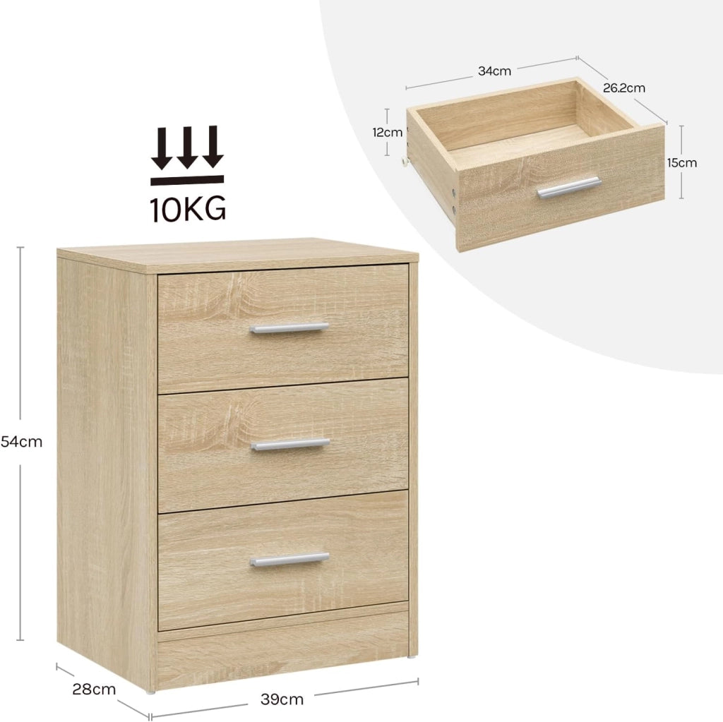 Set di 2 Comodini Moderni con 3 Cassetti, Grande Capacità, Tavolino da Letto per Camera da Letto, Soggiorno e Ufficio, 39x28x54cm, Rovere Chiaro, NTS26hei-2