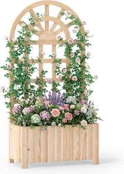 Letto da Giardino Rialzato in Legno con Traliccio, Fioriera da Esterno con Spalliera e Fori di Drenaggio, Aiuola Elevata per Piante Rampicanti, Fiori e Verdure (Naturale,61 x 30 x 121 cm)