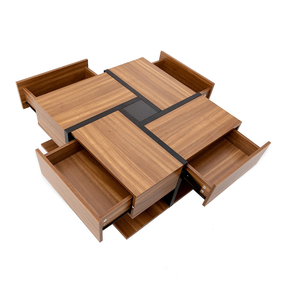 Tavolino da caffè 78x78x36 cm; 4 cassetti con ripiano inferiore; truciolato; colore naturale