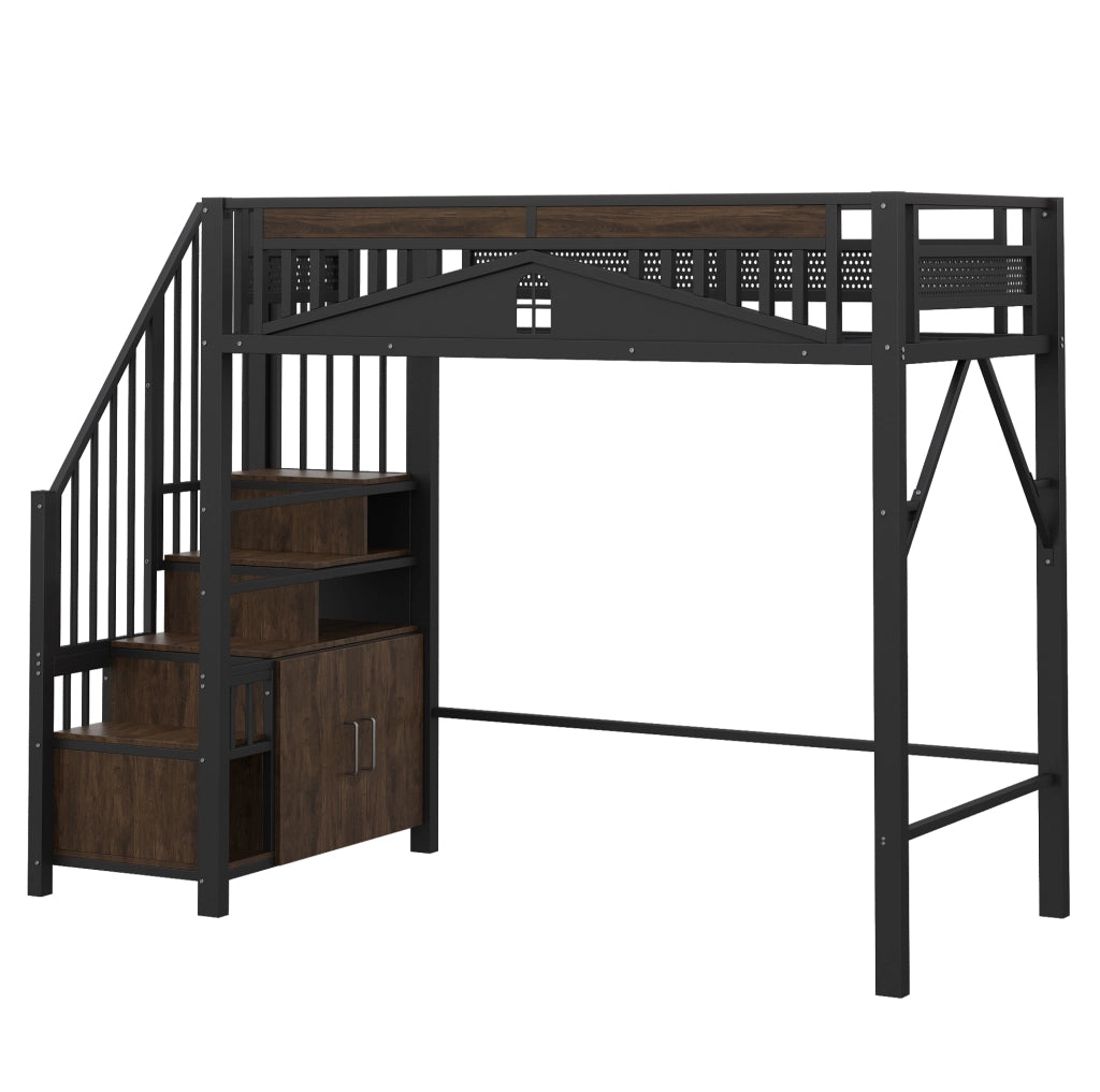 Letto a soppalco 90x200 cm con scala; contenitore e finestra in metallo e legno nero