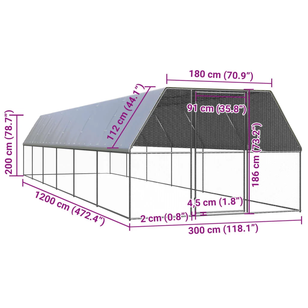 Pollaio recinto per polli da esterno 3 x 12 x 2 m acciaio zincato argento 02_0044001