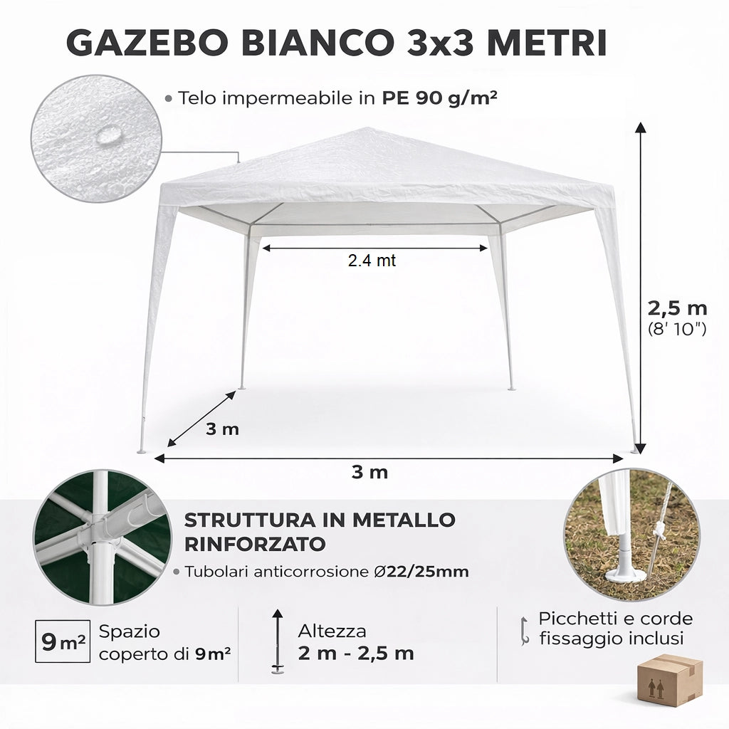 Gazebo da Giardino 3x3 Impermeabile Struttura Metallo Bianco per Campeggio Fiere Eventi