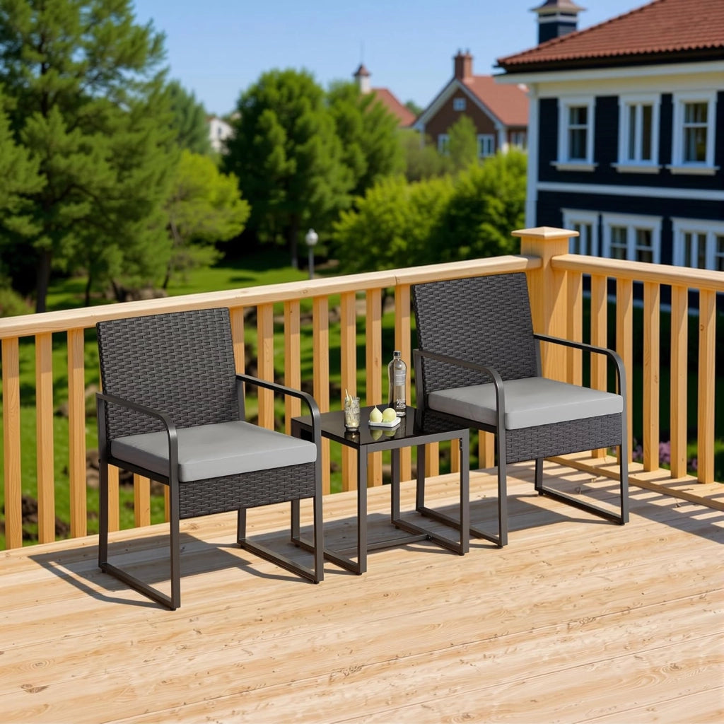 Set Giardino in Rattan per 2 Persone, Mobili da Esterno in Vimini con Cuscini, Tavolino e 2 Sedie per Terrazza, Balcone, Giardino o Piscina (grigio)