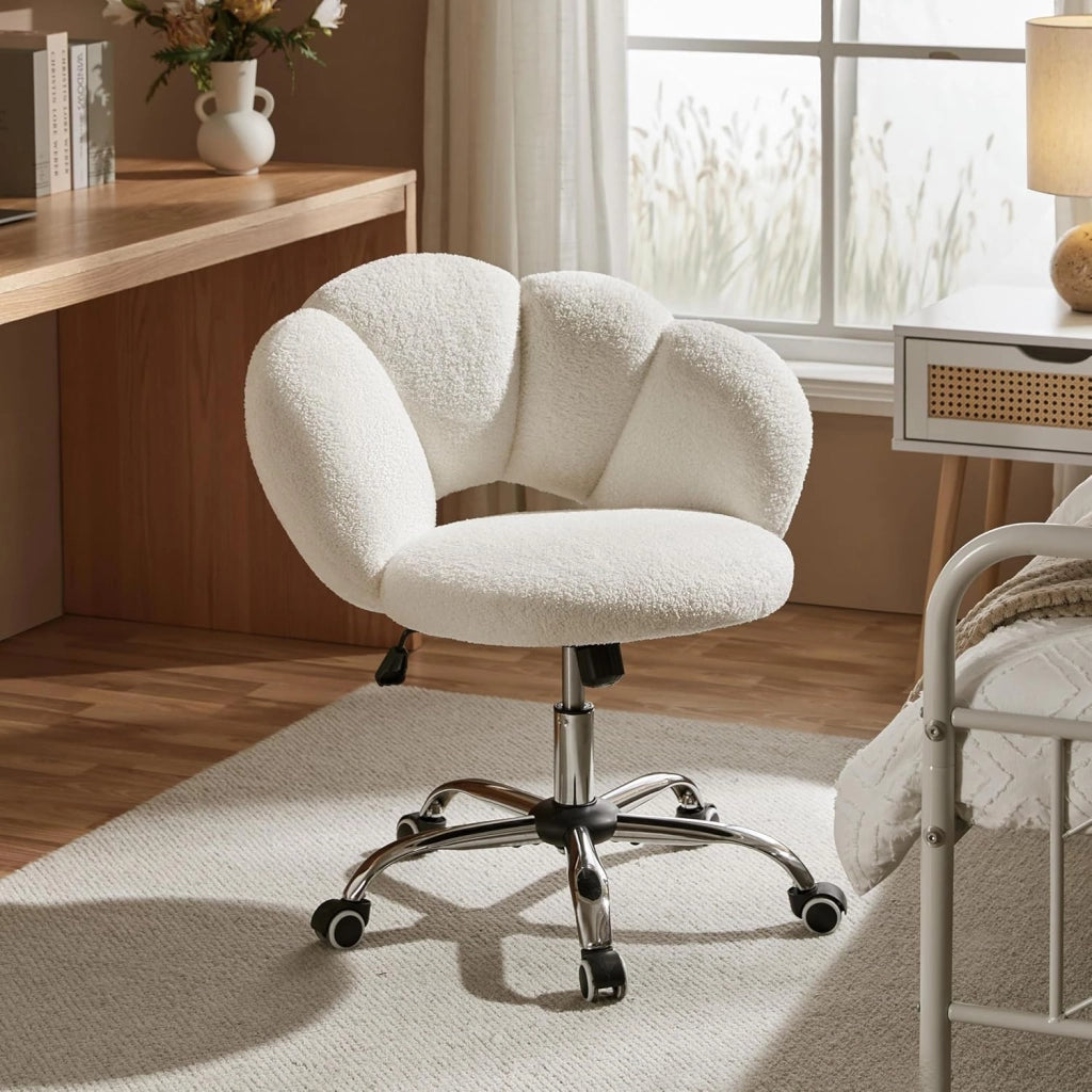 Sedia da Ufficio Scrivania Bianca Cameretta Imbottita Senza Braccioli Ergonomica con Ruote Girevole, Schienale Design a Nuvola in Tessuto Bouclé, Altezza Regolabile