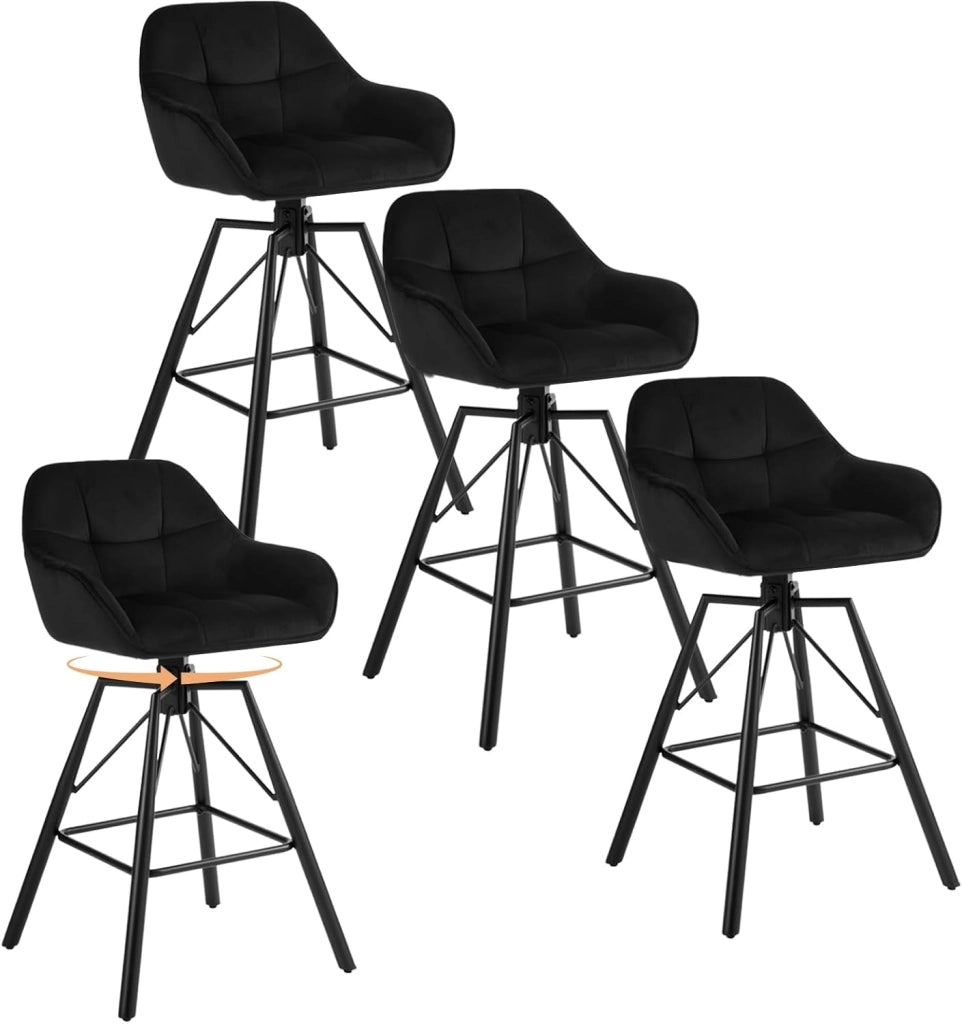 4 Pezzi Sgabello da Bar con Poggiapiedi, Sedia da Cucina con Sedile Girevole, Sgabello Alto con Schienale e Braccioli, Seduta in Velluto e Gambe in Metallo, Grigio Scuro, BH397dgr-4